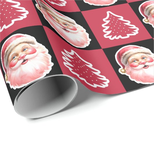 Zwarte Retro Santa Claus Kerstboom Plaid Cadeaupapier (Rol Hoek)