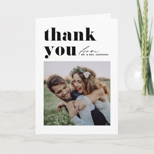 Zwarte Retro Typografie Moderne foto bruiloft Bedankkaart (Voorkant)