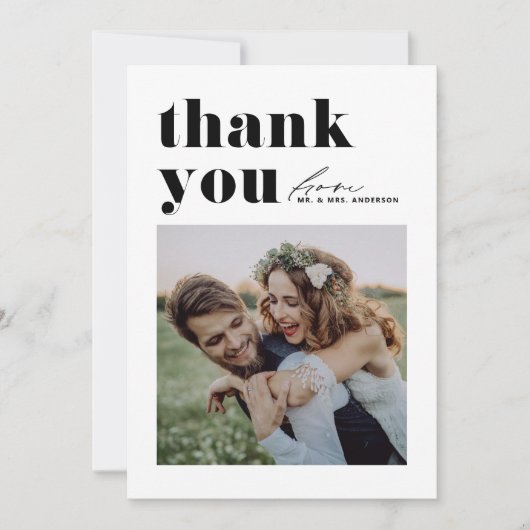 Zwarte Retro Typografie Moderne foto bruiloft Bedankkaart (Voorkant)