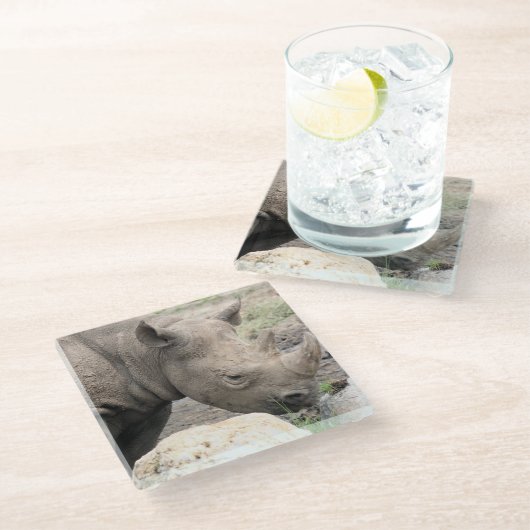 Zwarte rhino glazen onderzetter (Schuin)