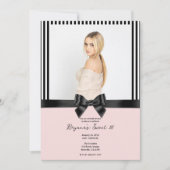 Zwarte Ribbon Bow Stripes Blush Pink Foto Sweet 16 Kaart (Voorkant)