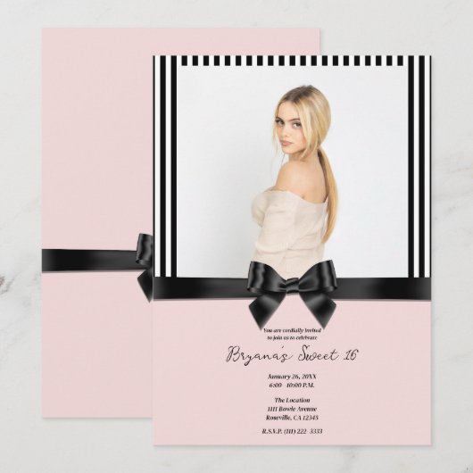Zwarte Ribbon Bow Stripes Blush Pink Foto Sweet 16 Kaart (Voorkant / Achterkant)