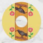 Zwarte rij op Tak Heldere Rode Bloemen op Geel Wijnglaslabel (Voorkant)