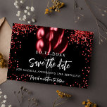 Zwarte rode ballonnen confetti verjaardagsfeestje save the date<br><div class="desc">Een meisjesachtige en trendy Save the Date voor een 18e (of enige leeftijd) verjaardagsfeestje. Een zwarte achtergrond versierd met rode confetti en ballonnen. Personaliseer en voeg een datum en naam/leeftijd toe. De tekst: Save the Date is geschreven met een groot trendy handgeschreven stijlscript.</div>