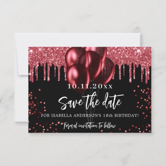 Zwarte rode ballonnen glitter verjaardagsfeestje save the date (Voorkant)