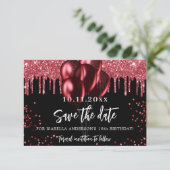 Zwarte rode ballonnen glitter verjaardagsfeestje save the date (Staand voorkant)