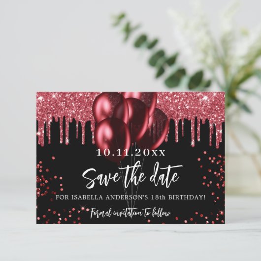Zwarte rode ballonnen glitter verjaardagsfeestje save the date (Staand voorkant)