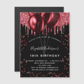 Zwarte rode ballonnen verjaardagsuitnodigingsmagne (Voorkant / Achterkant)