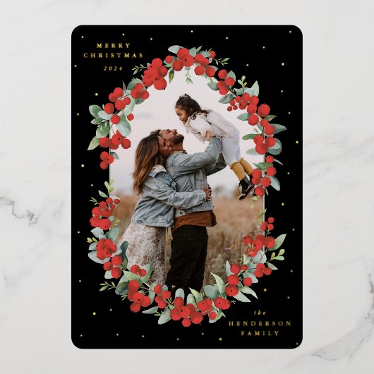 Zwarte rode bessen + Eucalyptus kerstfoto Folie Feestdagenkaart (Voorkant)