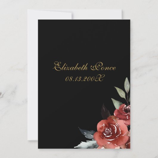 Zwarte Rode bloem Quinceanera uitnodiging (Achterkant)