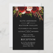 Zwarte Rode Bloemen Boho Huwelijksreceptie Kaart (Voorkant)