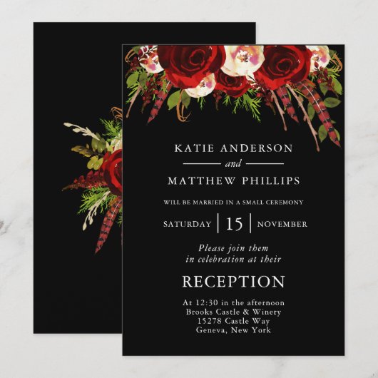 Zwarte Rode Bloemen Boho Huwelijksreceptie Kaart (Voorkant / Achterkant)
