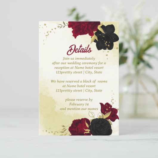 Zwarte rode bloemen gouden bladeren informatiekaartje (Staand voorkant)