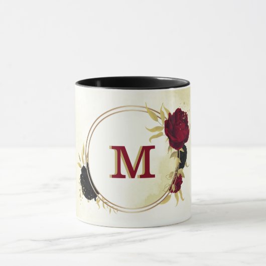 zwarte rode bloemen gouden bladeren mok (Midden)