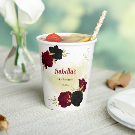 Zwarte rode bloemen gouden bladeren papieren bekers (Insitu)