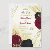 Zwarte rode bloemen gouden bladeren save the date (Voorkant)