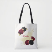 Zwarte rode bloemen gouden bladeren tote bag (Voorkant)