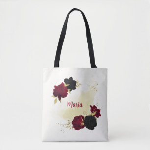 Zwarte rode bloemen gouden bladeren tote bag