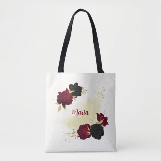 Zwarte rode bloemen gouden bladeren tote bag (Voorkant)