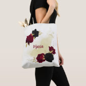 Zwarte rode bloemen gouden bladeren tote bag (Dichtbij)