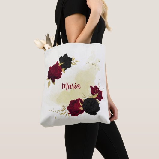 Zwarte rode bloemen gouden bladeren tote bag (Dichtbij)