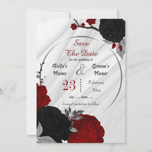 zwarte rode bloemen grijze bladeren geometrische m save the date (Voorkant)
