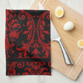 Zwarte & Rode Bloemen Wervelingen Damask 4 Monogra Theedoek (Quarter Fold)