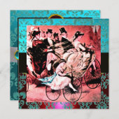 ZWARTE RODE BLUE BICYCLE WEDDING DAMASKMONOGRAM KAART (Voorkant / Achterkant)