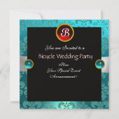 ZWARTE RODE BLUE BICYCLE WEDDING DAMASKMONOGRAM KAART (Achterkant)