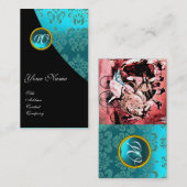 ZWARTE RODE BLUE BICYCLE WEDDING DAMASKMONOGRAM VISITEKAARTJE (Voorkant / Achterkant)