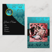 ZWARTE RODE BLUE BICYCLE WEDDING DAMASKMONOGRAM VISITEKAARTJE (Voorkant / Achterkant)