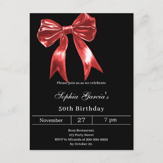 Zwarte rode boog verjaardag uitnodiging briefkaart (Voorkant)