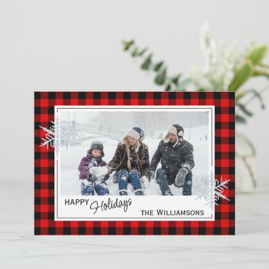 Zwarte rode buffelboorgaansteker en sneeuwvlokken feestdagenkaart (Staand voorkant)