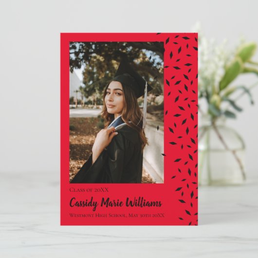 Zwarte Rode Confetti Afstuderen Aankondiging (Staand voorkant)