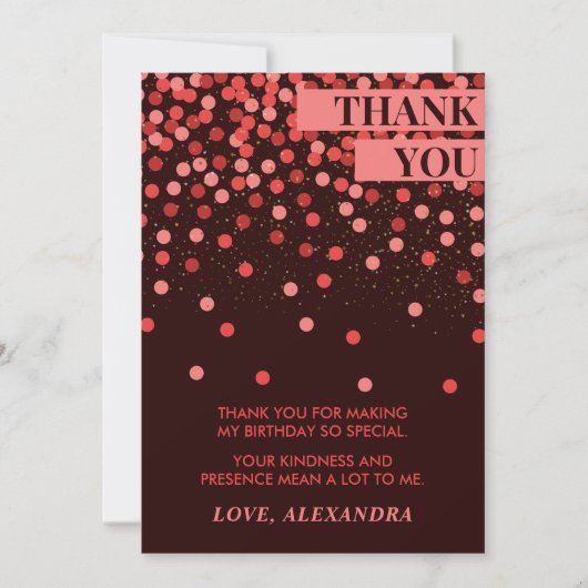 Zwarte Rode Confetti Chic Verjaardag Bedankt Card (Voorkant)