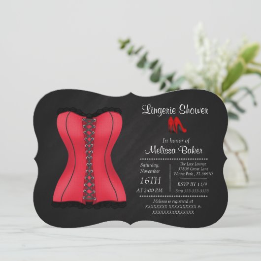 Zwarte & Rode Corset Lingerie Vrijgezellenfeest Ui Kaart (Staand voorkant)
