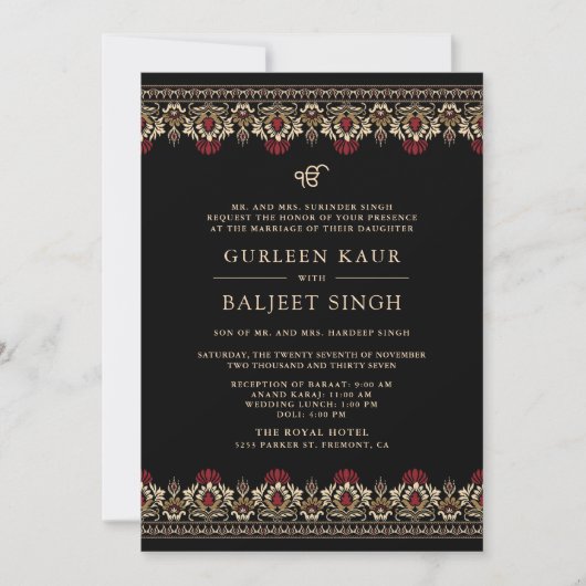 Zwarte rode crème Ikat Anand Karaj Sikh bruiloft Kaart (Voorkant)
