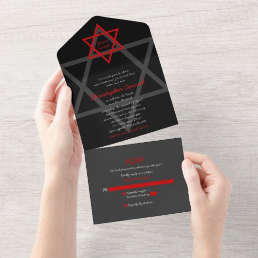 Zwarte Rode Davidster Bar Mitzvah RSVP All In One Uitnodiging (Afscheurbaar)