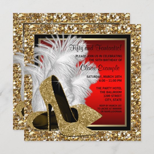 Zwarte, rode en gouden hoge hakken verjaardagsfees kaart (Voorkant / Achterkant)