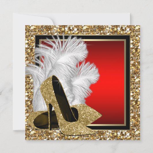 Zwarte, rode en gouden hoge hakken verjaardagsfees kaart (Achterkant)