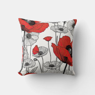 Zwarte, rode en witte poppy line art kussen