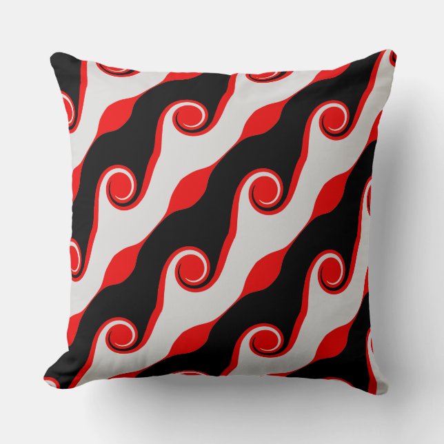 Zwarte, rode en zilveren abstracte golven kussen (Voorkant)