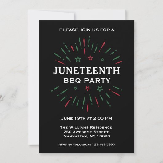 Zwarte Rode Groene Vuurwerk Juneteenth BBQ Feestje Kaart (Voorkant)