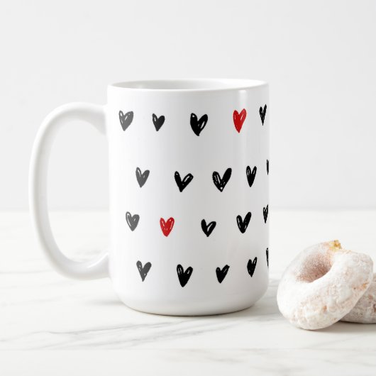 Zwarte rode harten schattig koffiemok (Met donut)