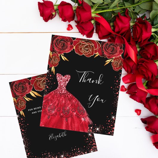 Zwarte rode jurk bloemenverjaardag bedankt