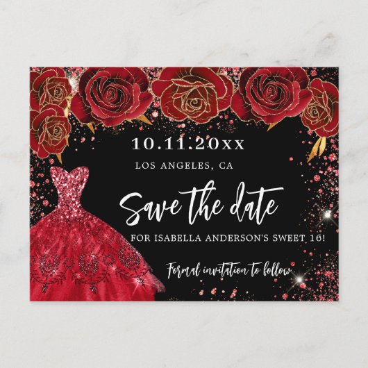 Zwarte rode jurk Save the Date voor Sweet 16 Aankondigingskaart (Voorkant)