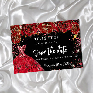 Zwarte rode jurk Save the Date voor Sweet 16 Aankondigingskaart