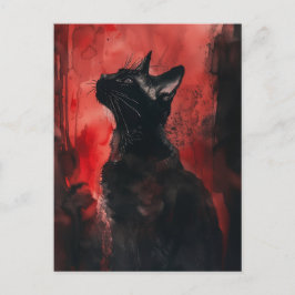 Zwarte & Rode Kat Abstract Surrealistisch Portret  Briefkaart
