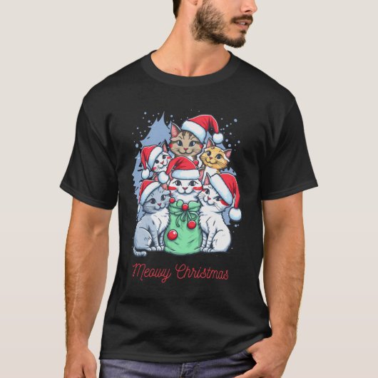 Zwarte Rode Kat Kerstmis Kerstmis T-shirt (Voorkant)