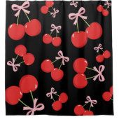Zwarte Rode Kersen Roze Bow Coquette Cottage Chic Douchegordijn (Voorkant)